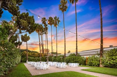 The Veranda with table set up for event, The Anaheim Hotel