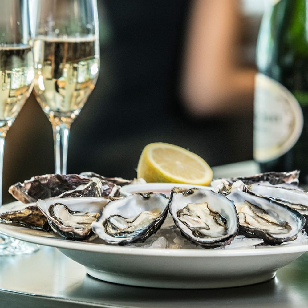 Close-up of fresh oysters and white wine served on ice Crown Hotels