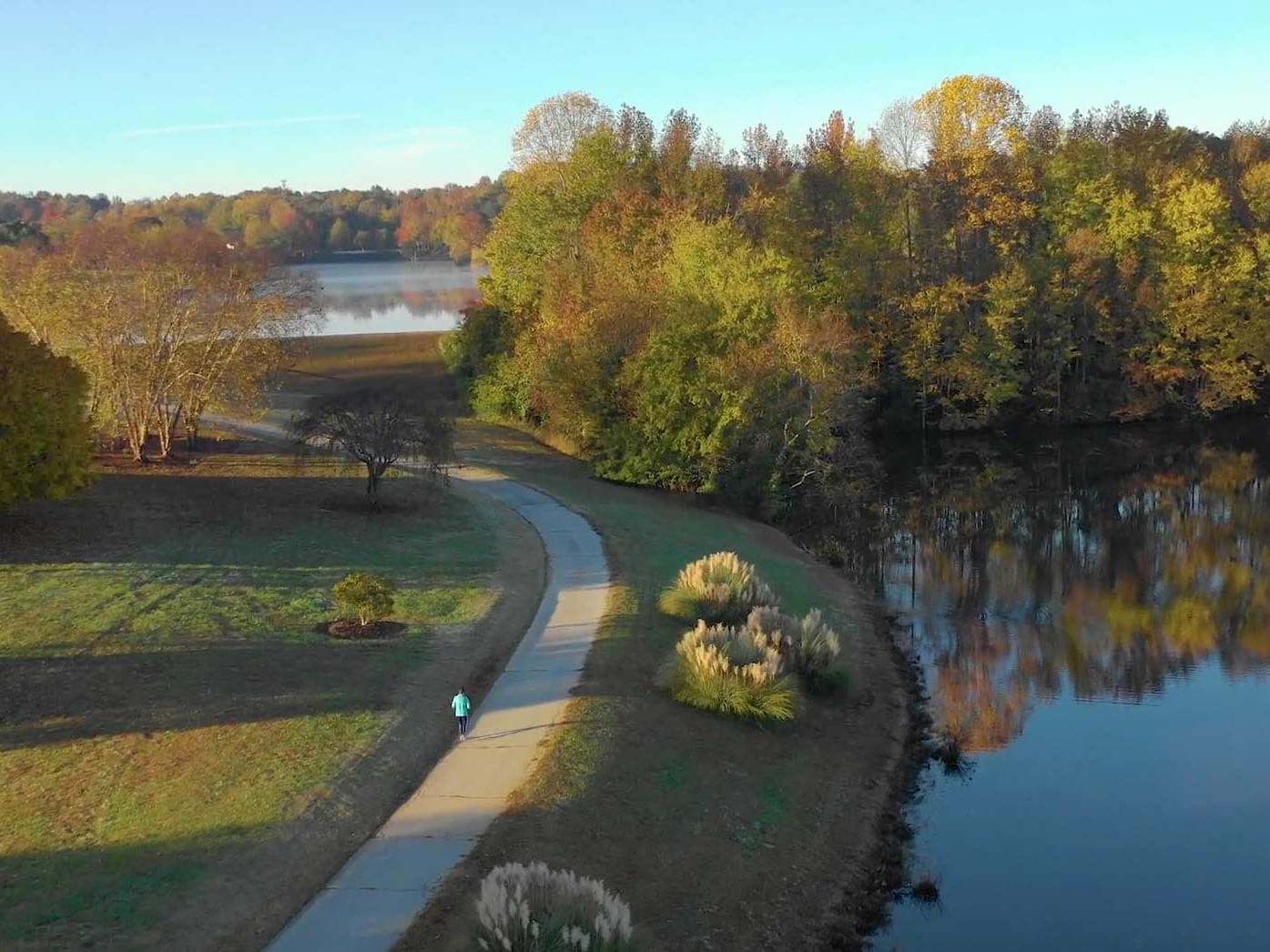 Aerial view of a Nature Trail by a lake near Hotel Hartness