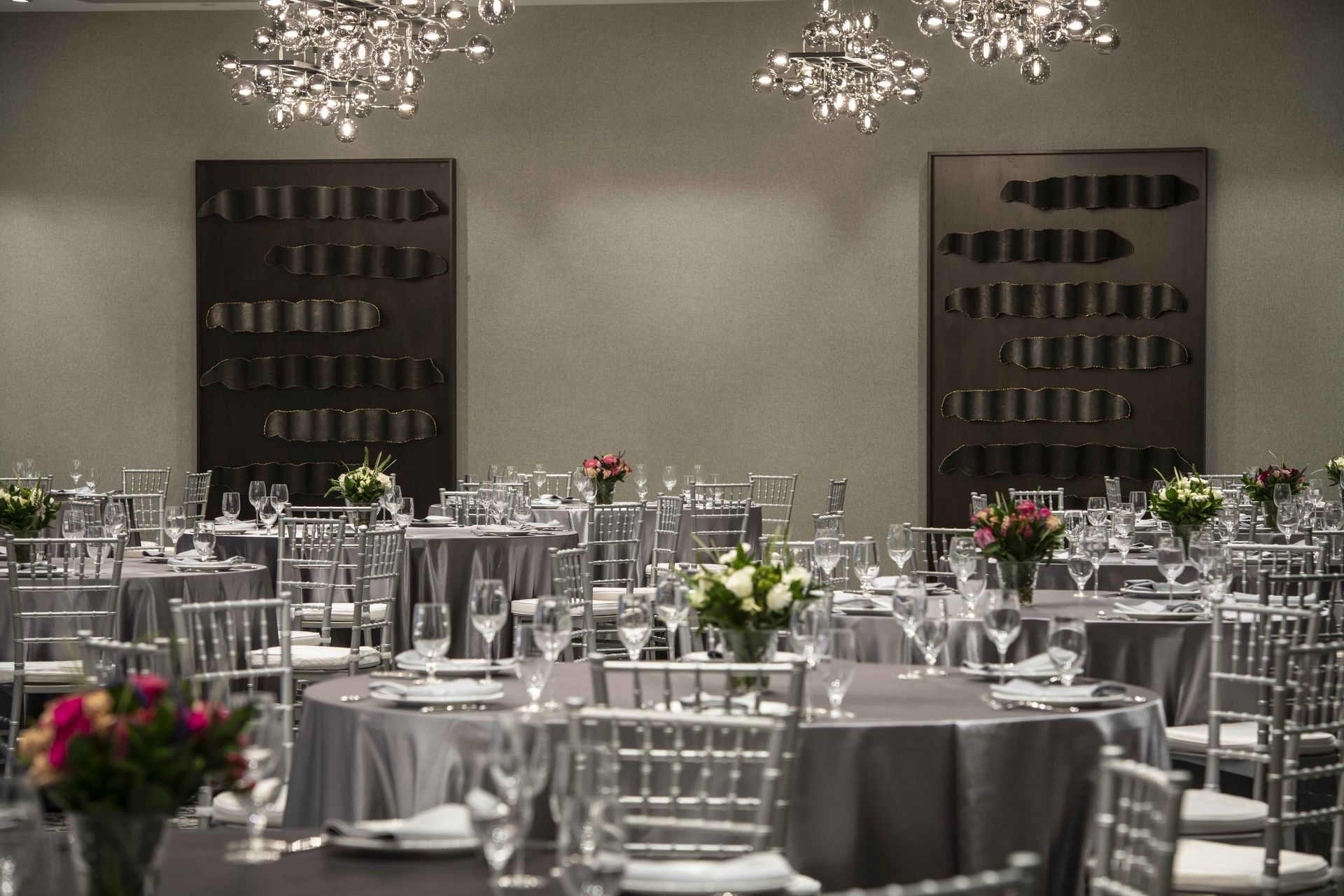 tables and chairs in a ballroom