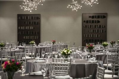 tables and chairs in a ballroom