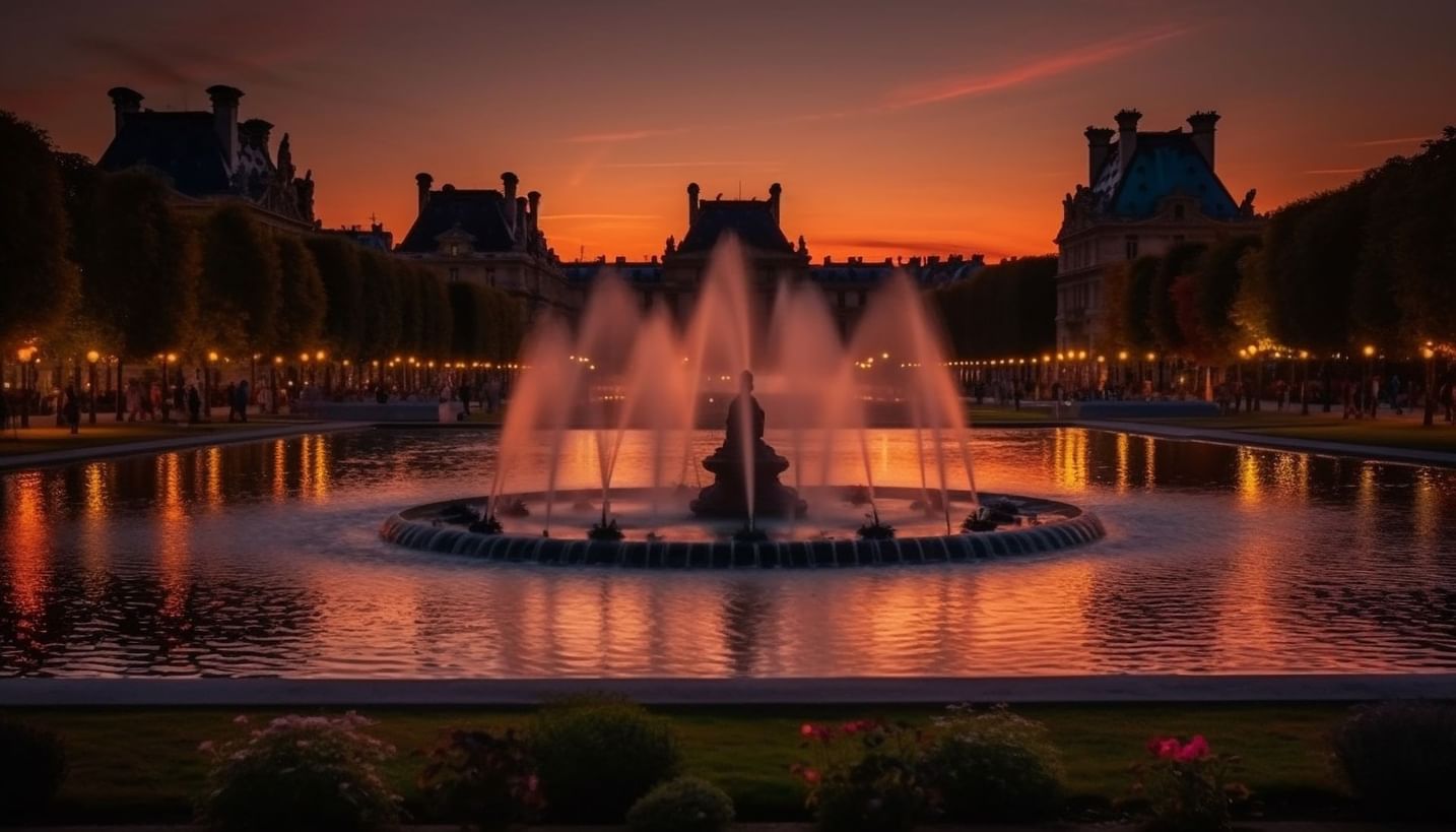 Beautifully illuminated fountain surrounded by historic architecture and trees at The J Hotel