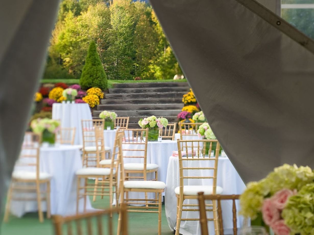Mountain View Pavilion Tent arranged for a wedding at Topnotch Stowe Resort