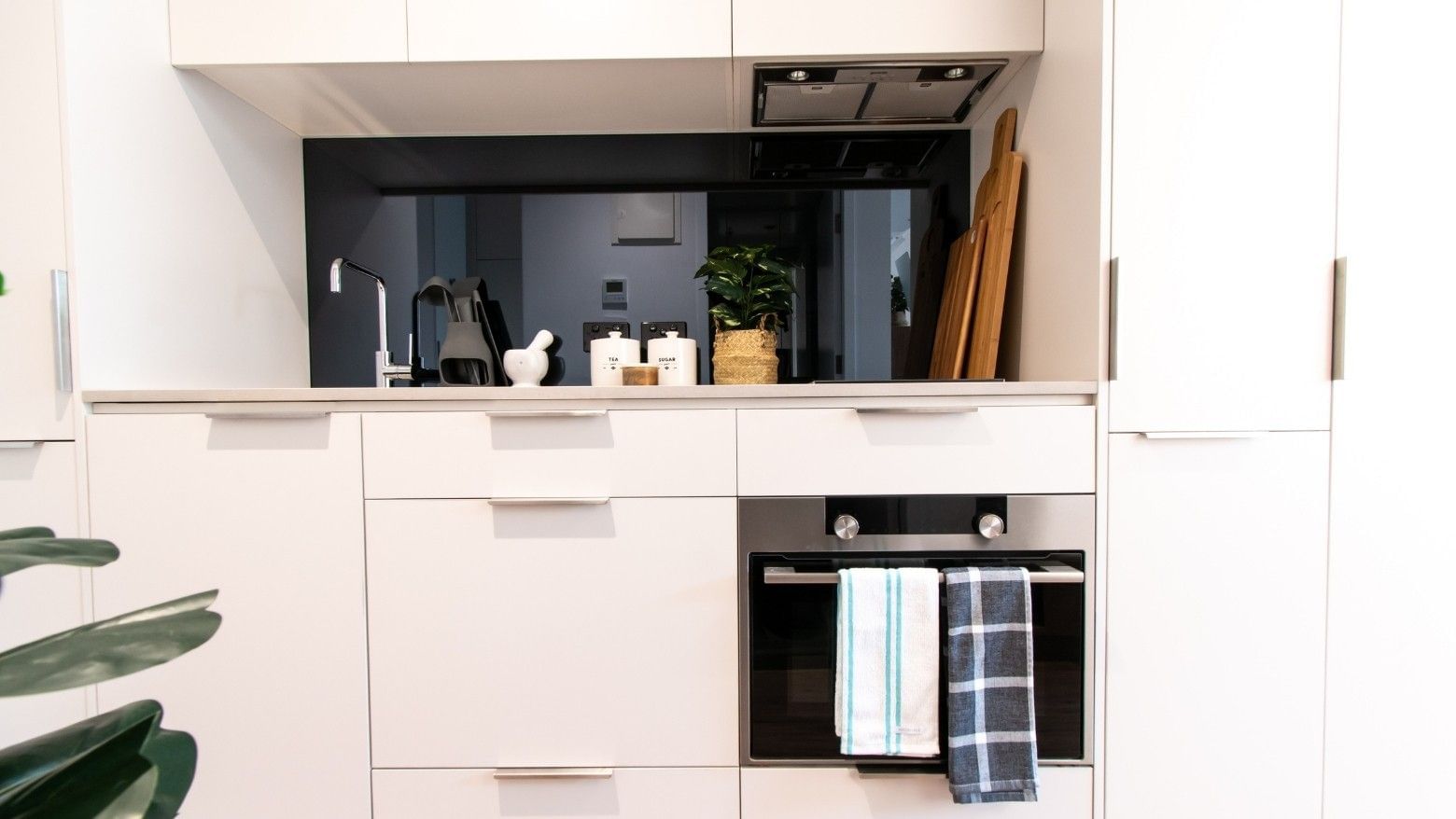 White kitchen with a black oven, towels, cabinets, sink, faucet, and a plant.