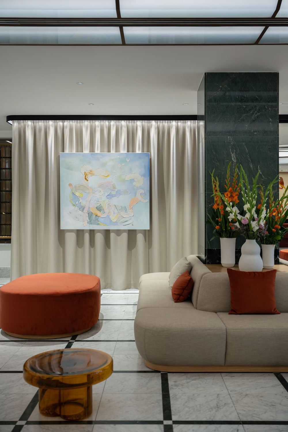 Art work hung by the lobby lounge area at Almanac X Alcron Prague