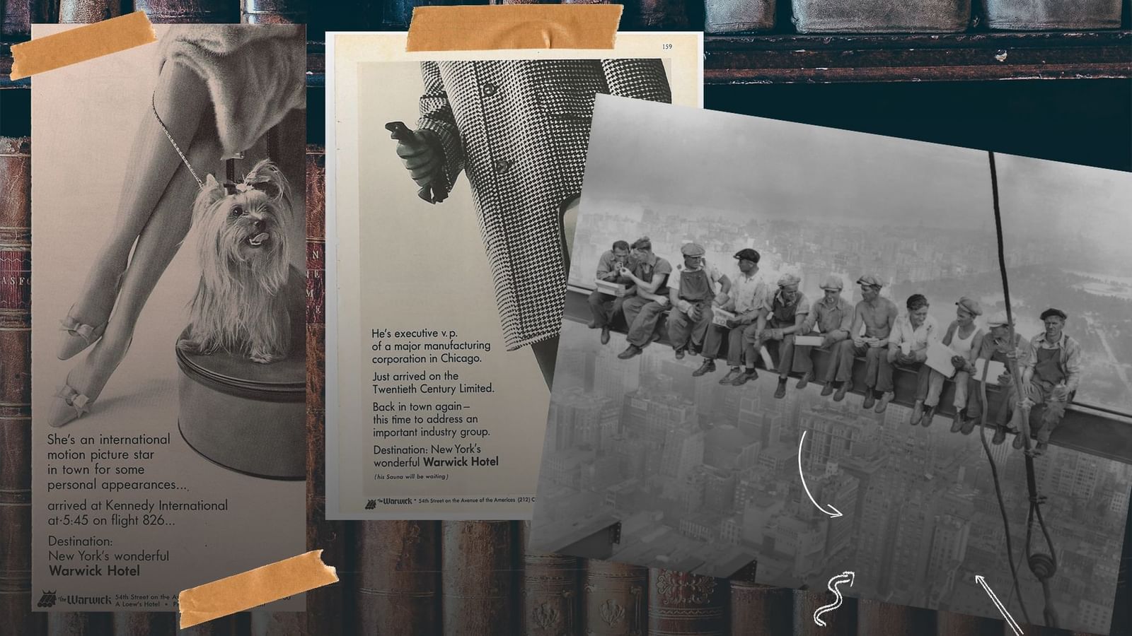 Creative collage of vintage New York City photos featuring the historic Warwick Hotels and Resorts
