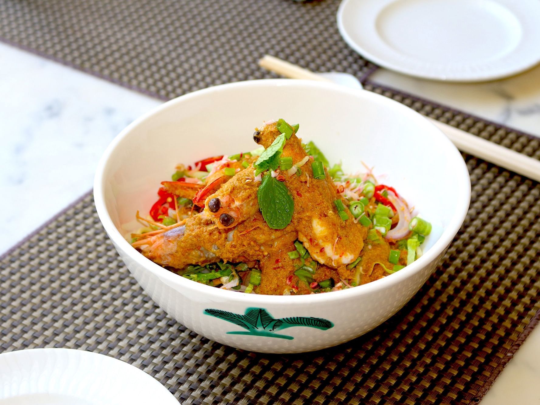 Close-up of shrimp noodles served in The Noodle Bar at Danna Langkawi Hotel