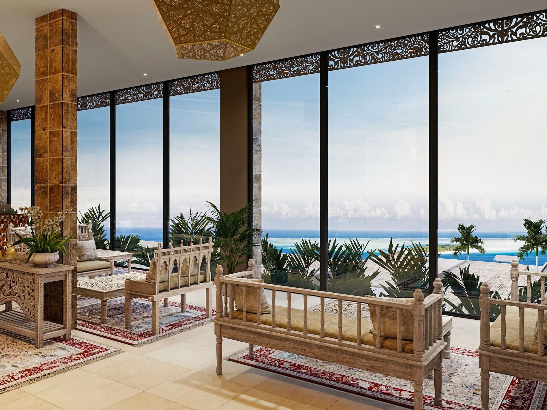 Indoor lounge area with large windows, wooden furniture, and ocean view through glass.
