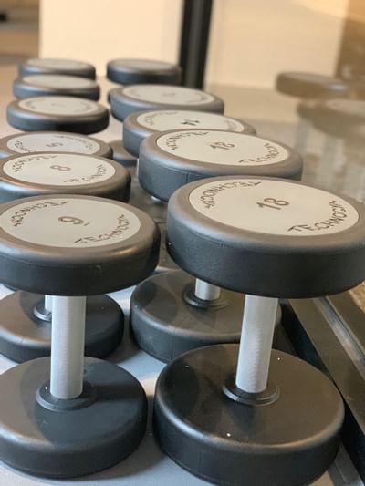 Fitness Dumbbells on the table at Amora Hotel Melbourne