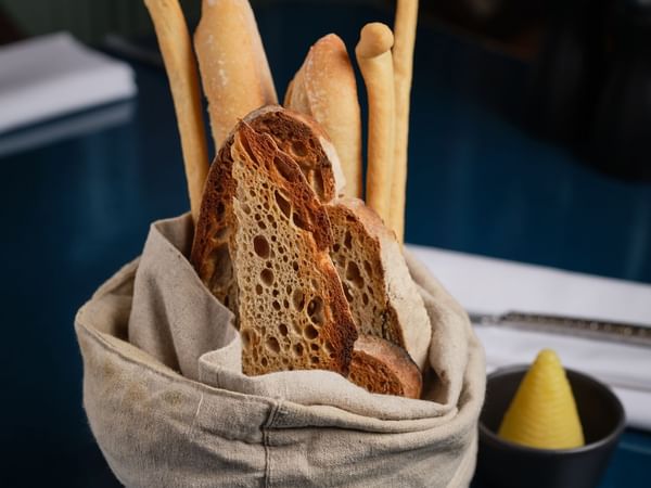 Close-up of a fresh Basket of Bread served in the Restaurant at The Capital Hotel London