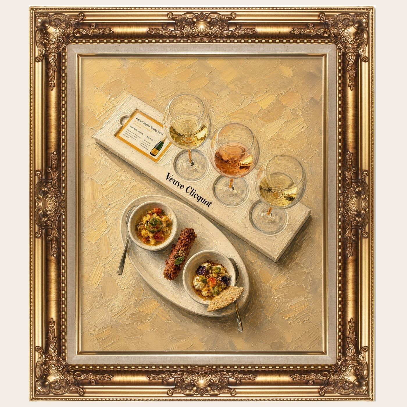 Framed painting of a Veuve Clicquot wine flight and small bites at Summer Terrace near The Londoner Hotel