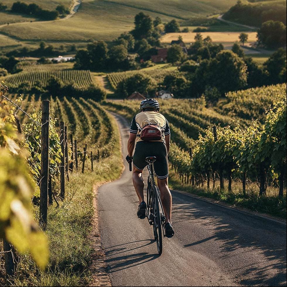 Radfahrer mit Helm und Rucksack fährt auf einer Landstraße durch Weinberge und Felder.
