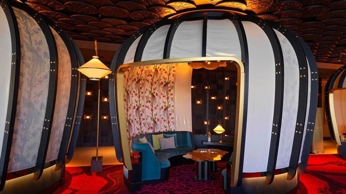 Teahouse with patterned drapes and plush seating at Crown Towers Sydney