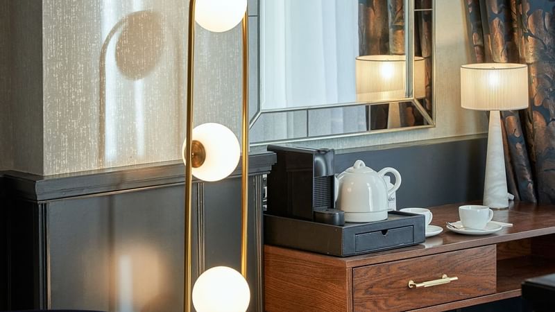 Coffee station & lamp in Deluxe Room at The Capital Hotel London