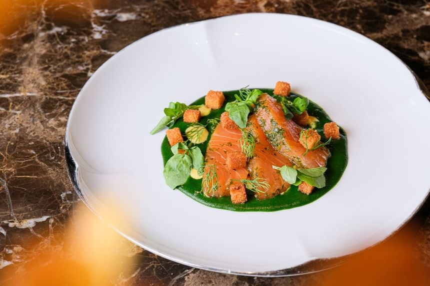 Gourmet plate featuring sliced salmon garnished with herbs, croutons, and a vibrant green sauce at Park Hyatt Saigon