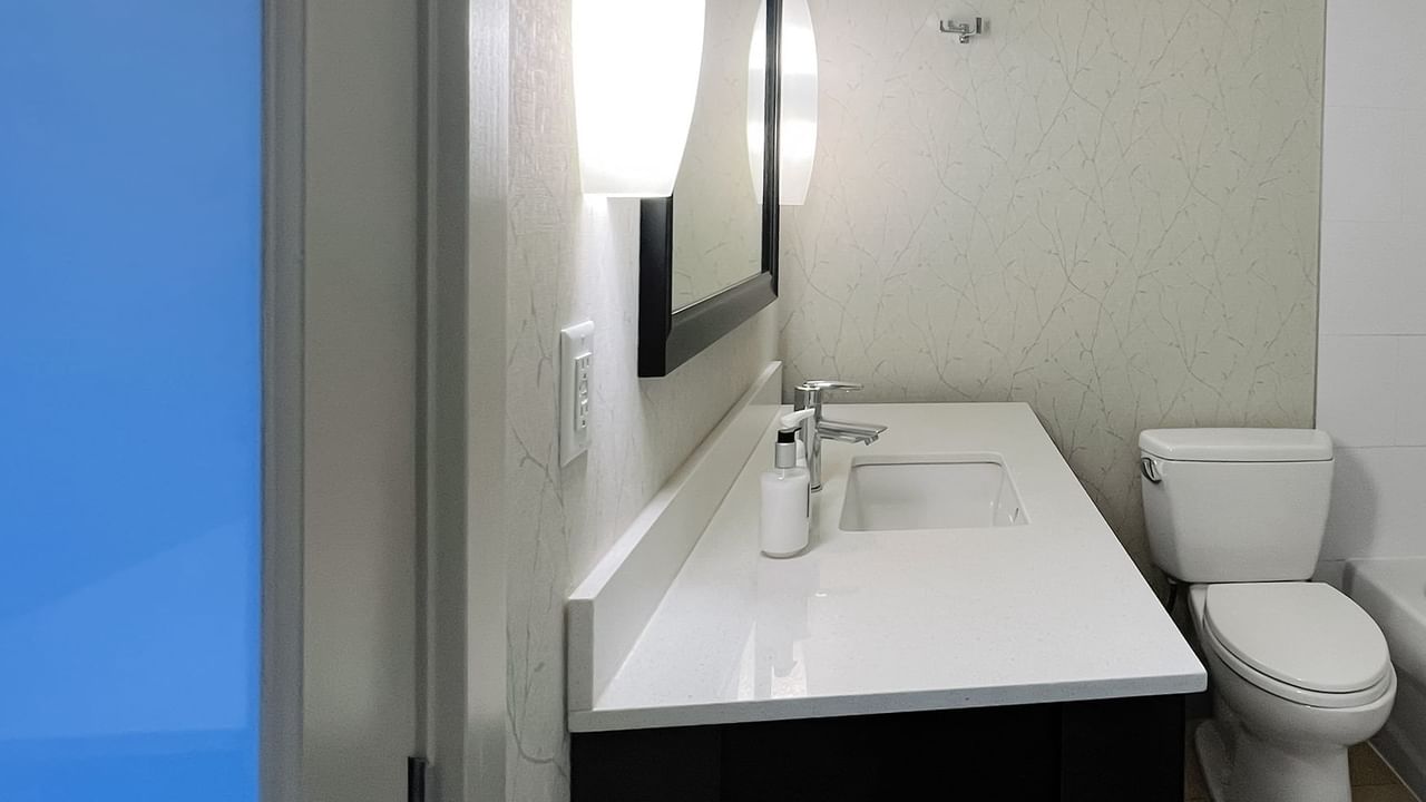 Bathroom with toilet, mirror, sink