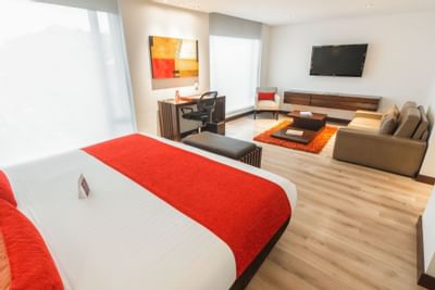 A room with one king bed and a living area