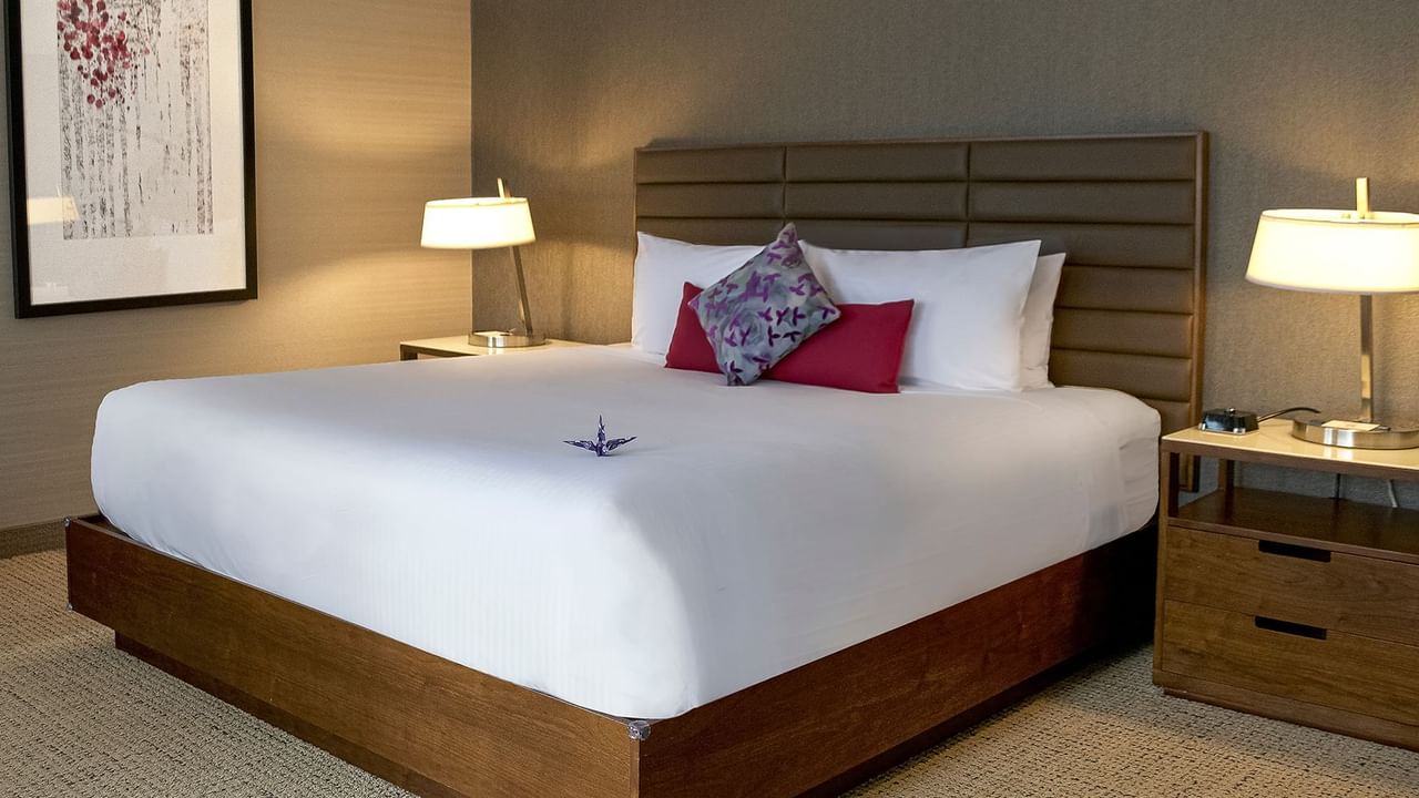 Bed, night stands, and lamps in a hotel room