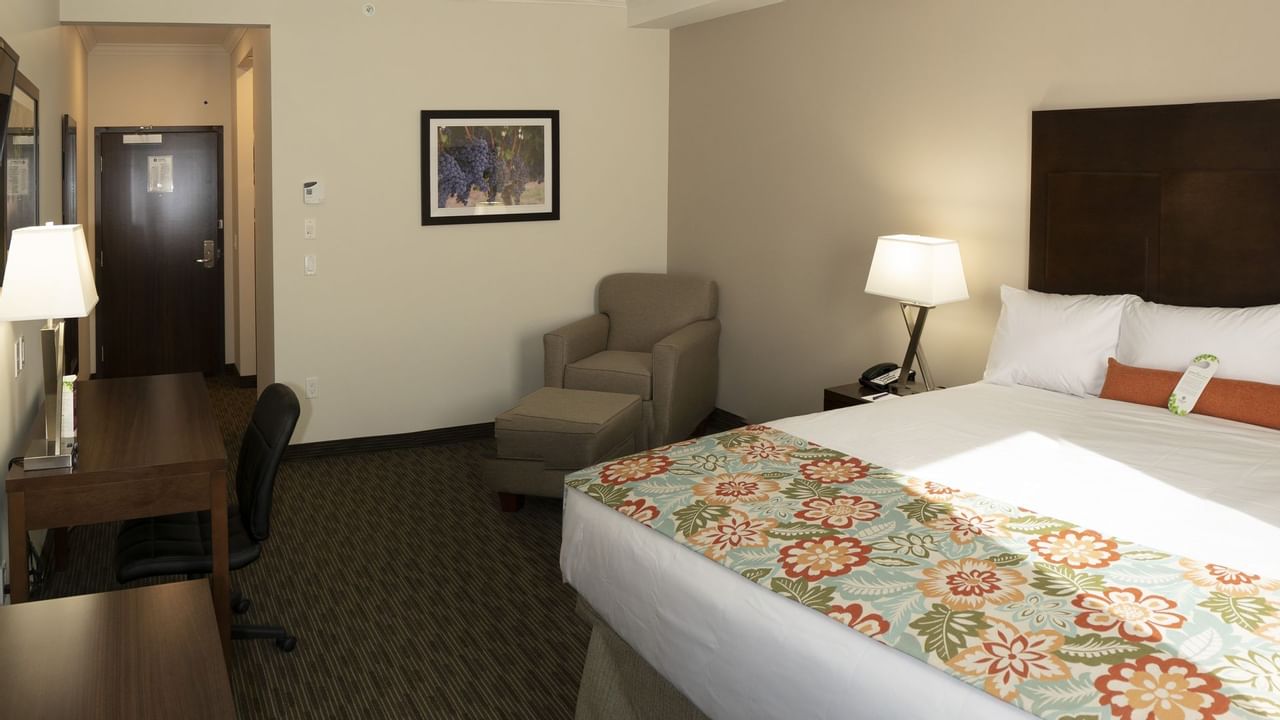 Bed and sofa chair in hotel room