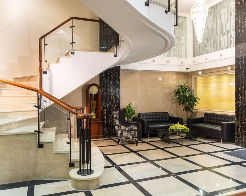 Lobby area next to stair case at Empress Hotel   