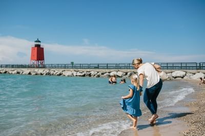 Lake Michigan beach and lighthouse