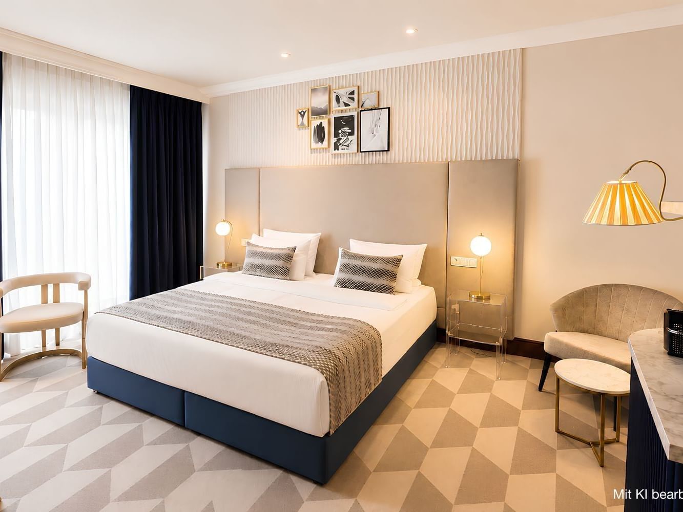 Elegantes Doppelzimmer mit beigefarbenem Kopfteil, modernen Möbeln und geometrischem Boden.