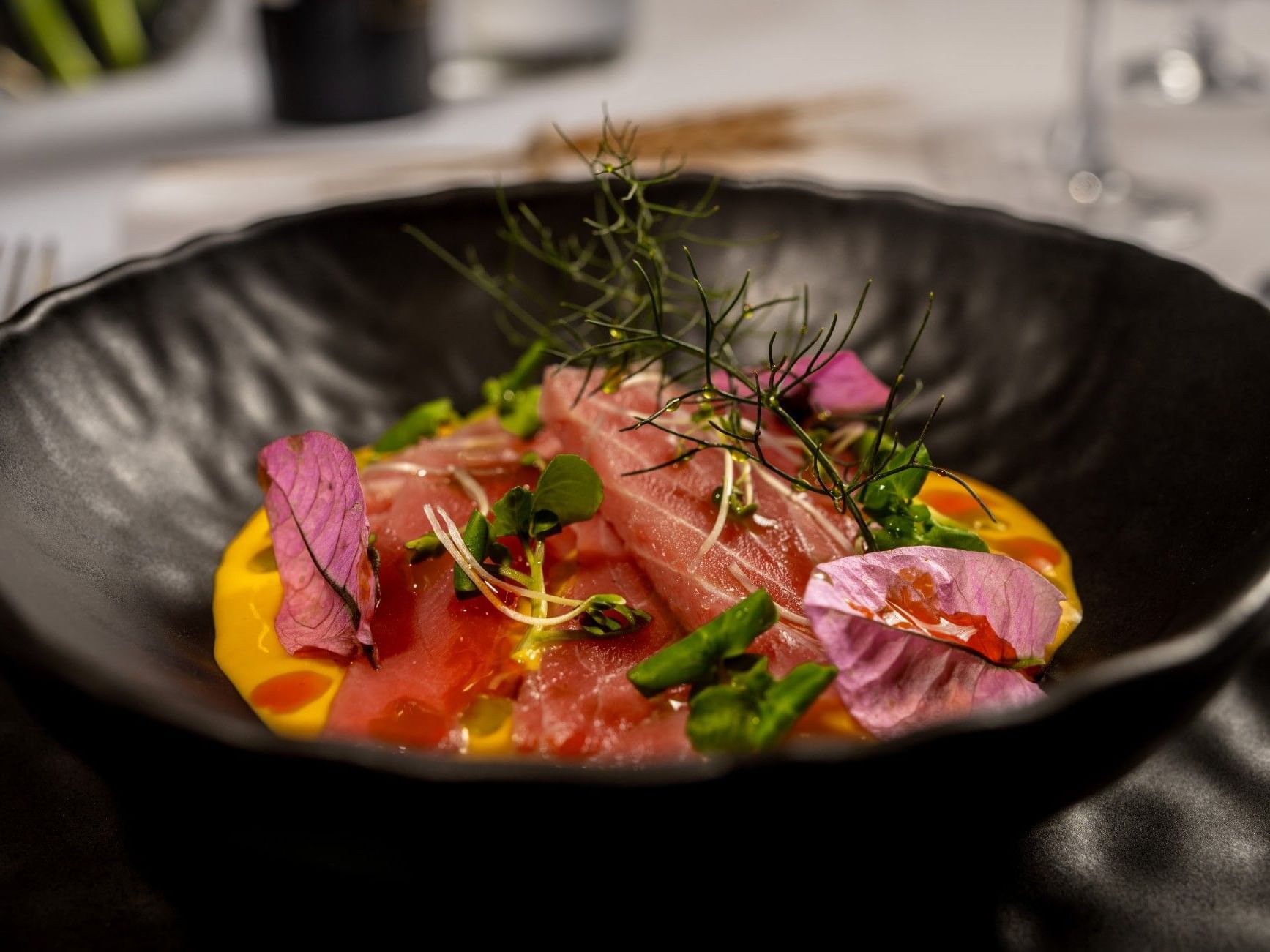 Atún, espárragos y hierbas en un cuenco negro con salsa amarilla en el hotel HCC Costanera Concepción.
