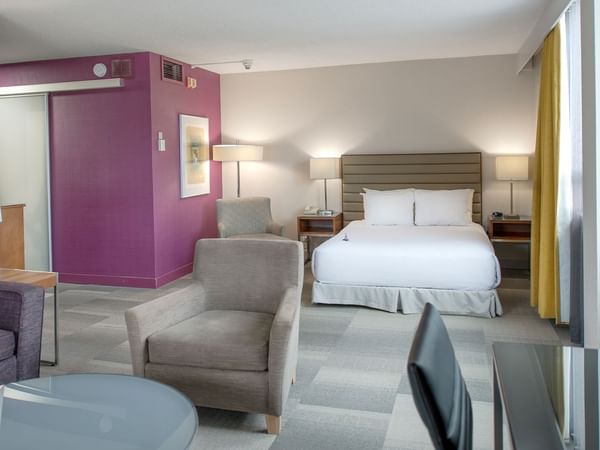 Accessible hotel room with bed, couch, chair, desk, and flat-screen TV.