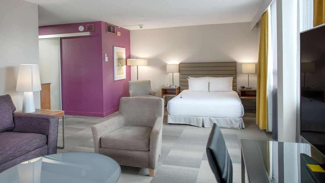 Accessible hotel room with bed, couch, chair, desk, and flat-screen TV.