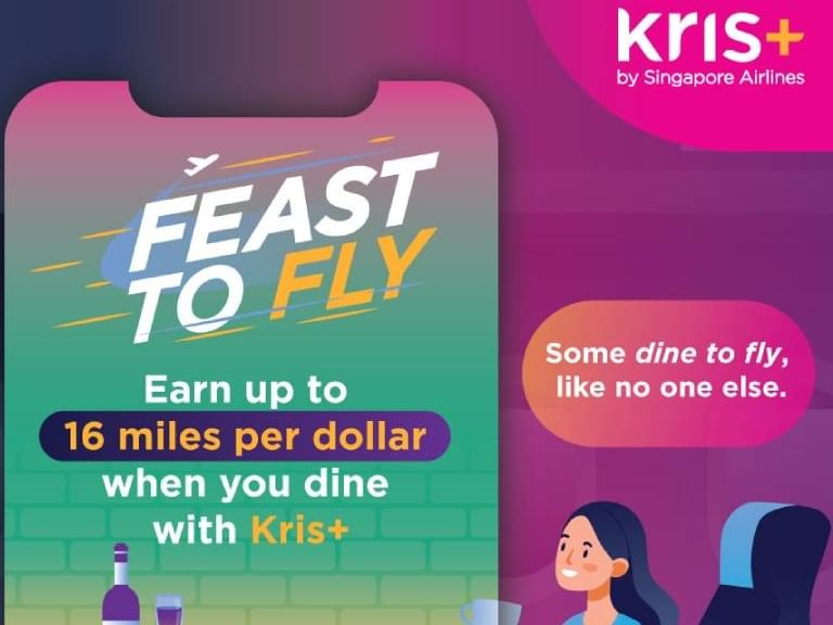 Kris+ Feast to Fly offer earning miles for dining with illustrations of passengers and meals.