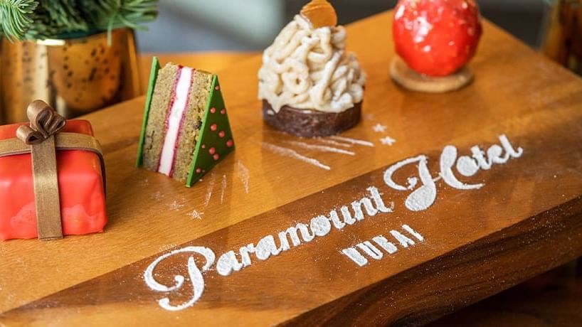 Close-up of festive Christmas theme snacks served at Pacific Groove Restaurant, Paramount Hotel Dubai
