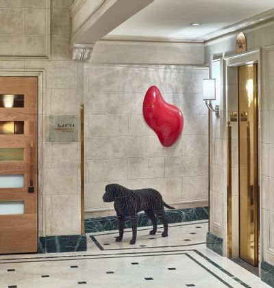 Lobby area with dog statue & gold elevator at The Eliot Hotel