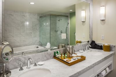 Bathroom vanity in Anacapa suite bedroom at Santa Barbara Inn