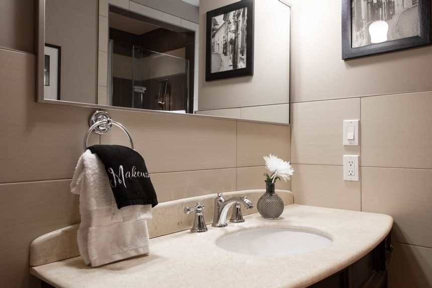 Sink & bathroom amenities in King Superior Den at Retro Suites