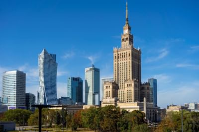 Distant view of Palace of Culture and Science on a sunny day near Metropol Hotel