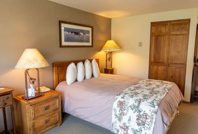 Room with floral throw bed, wooden nightstands, lamps, and closet at Blair Hotels