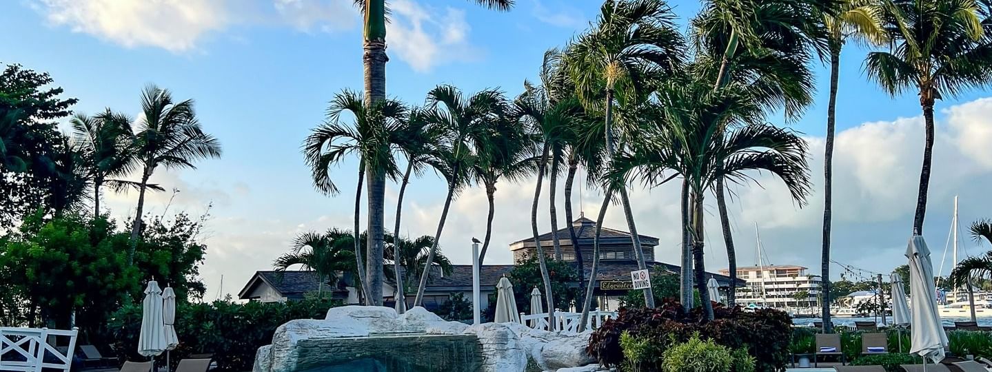 Rocky waterfall by a pool under a blue sky, surrounded by tropical palm trees at Warwick Paradise Island Bahamas