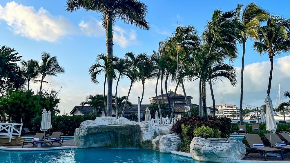 Rocky waterfall by a pool under a blue sky, surrounded by tropical palm trees at Warwick Paradise Island Bahamas