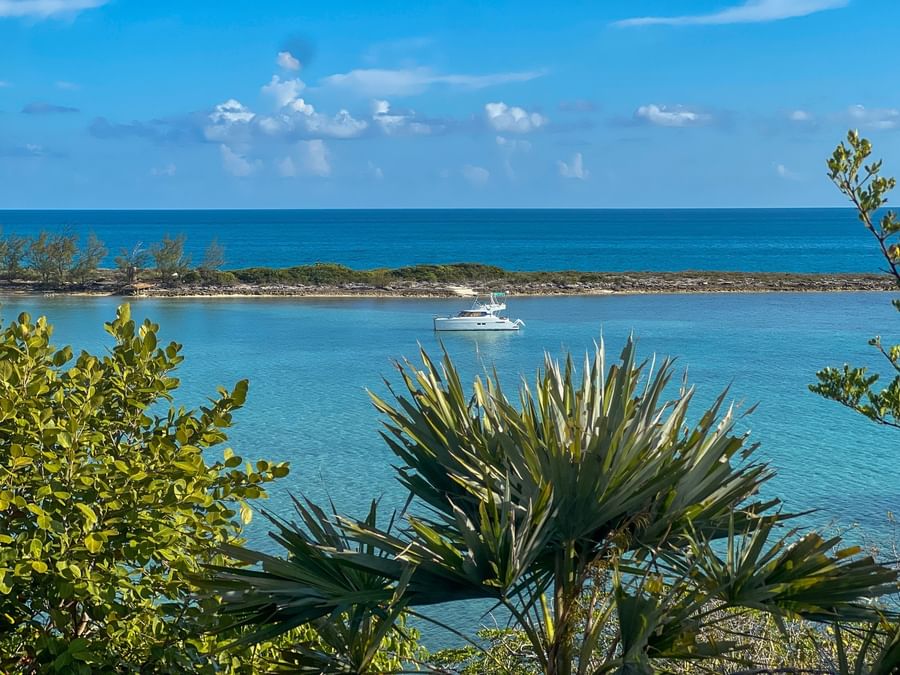 Small boat by a lush island under a blue sky surrounding green palms near Warwick Paradise Island Bahamas