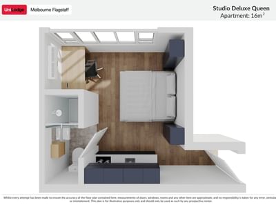 Floor plan of a Studio Deluxe Queen Apartment at UniLodge Melbourne Flagstaff.