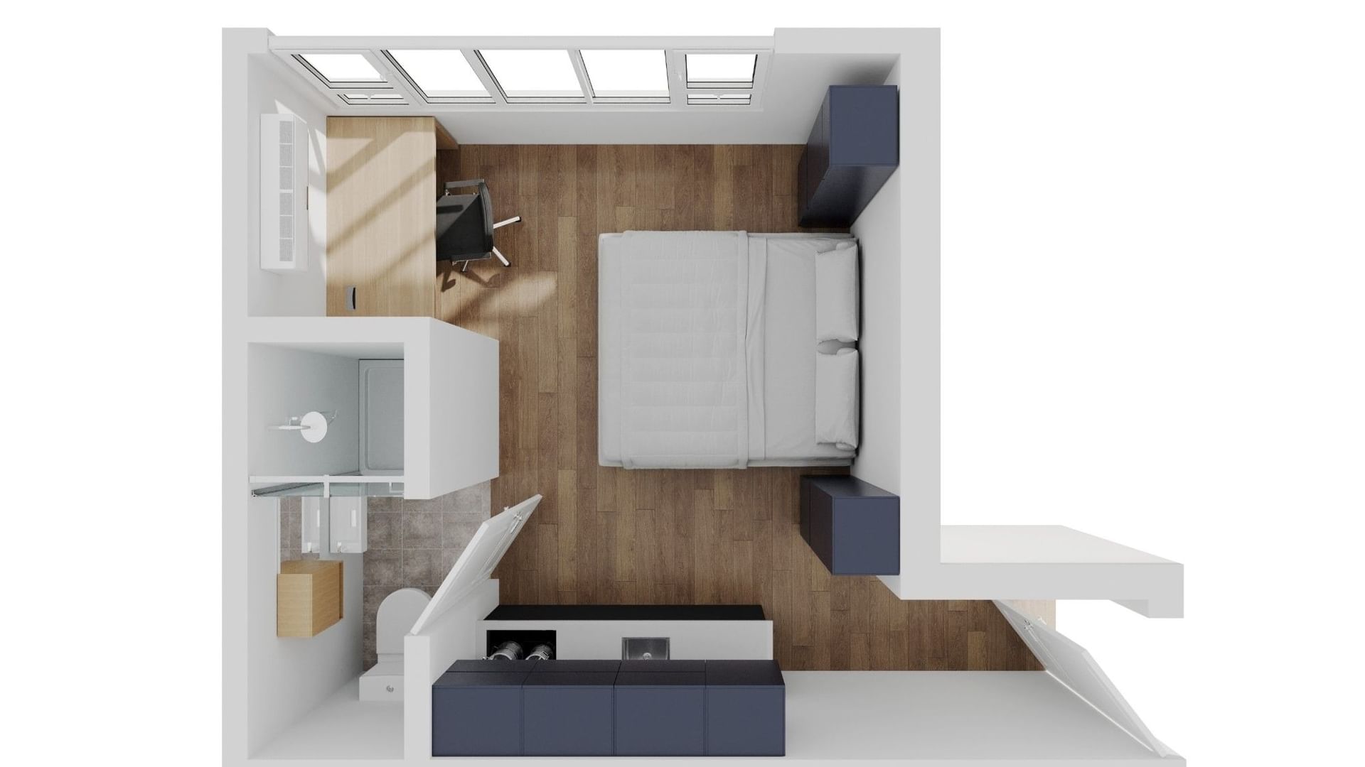 Floor plan of a Studio Deluxe Queen Apartment at UniLodge Melbourne Flagstaff.