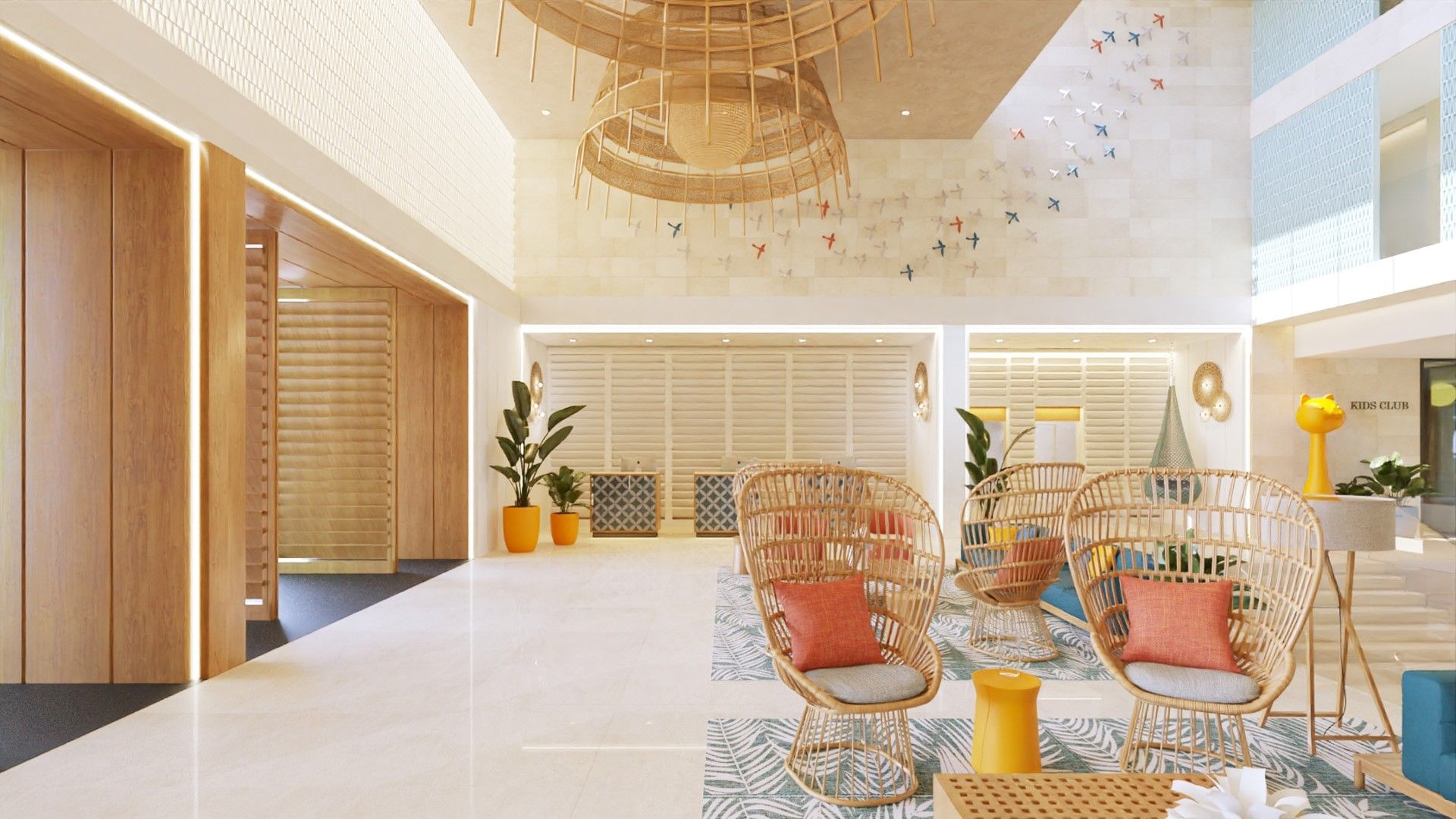 Espacioso lobby en Fiesta Americana Funeeq Punta Cana con sillas de mimbre tipo pavo real y techos altos arquitectónicos