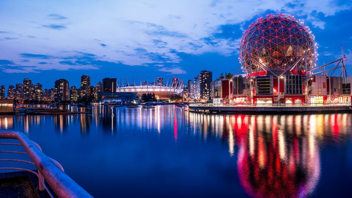 View of Telus World of Science from across the harbour