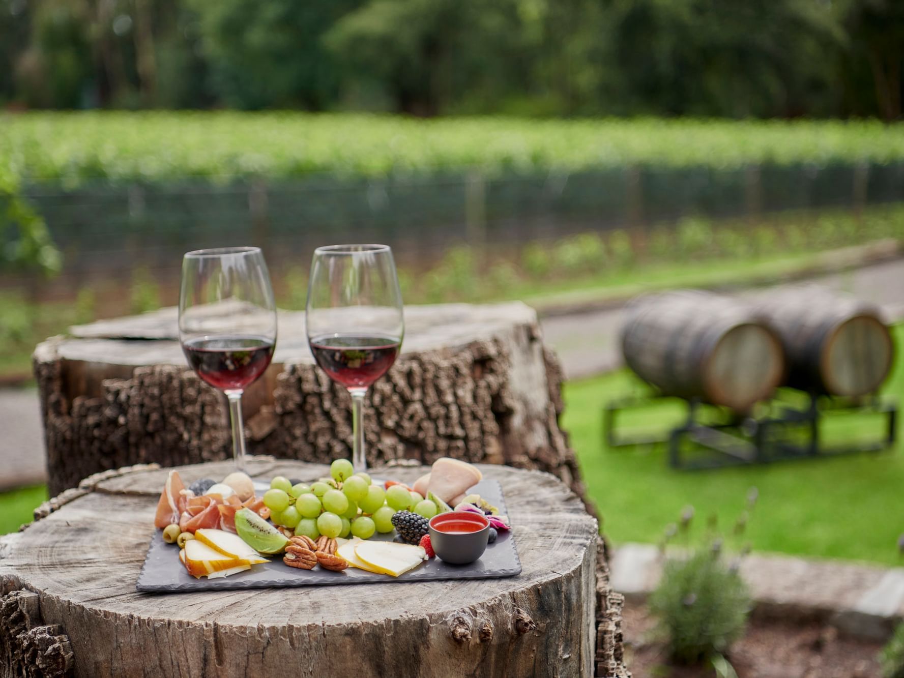 Fruit platter served with wine glasses in a winery at Fiesta Americana