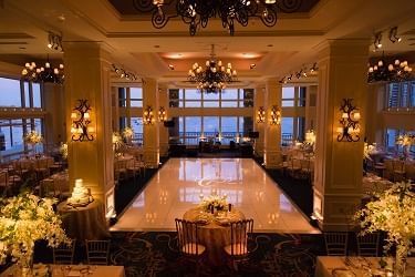 Banquet room set for wedding reception