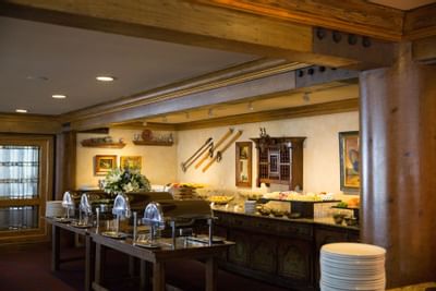 A breakfast buffet setup at a restaurant in Stein Eriksen Lodge