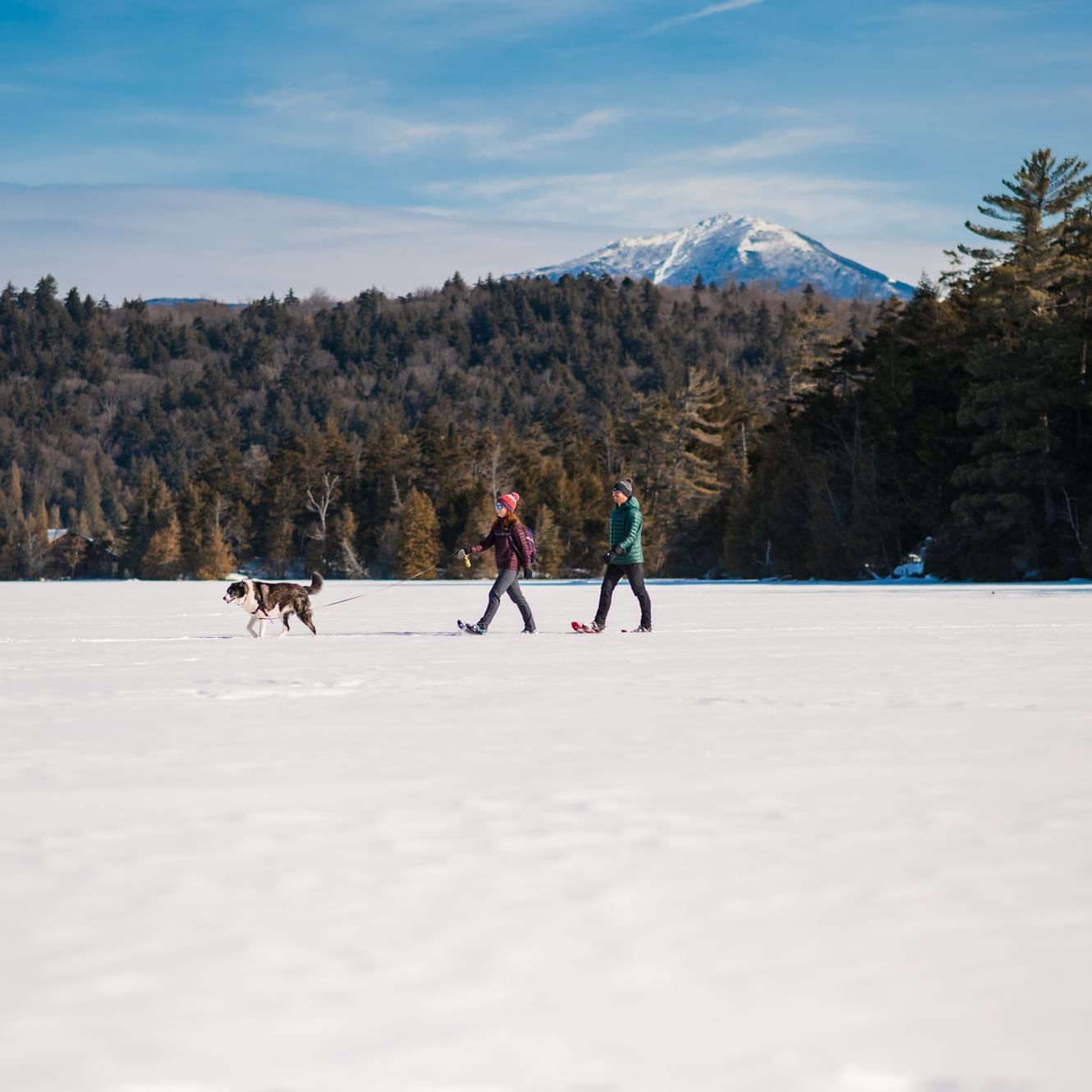 Man and woman snowshoeing on Lake Placid with their dog. Whiteface Mountain is in the background.