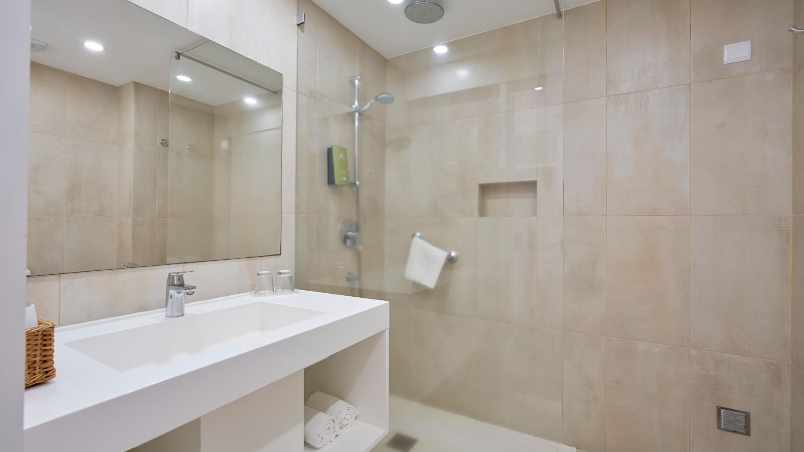 Bathroom with vanity and shower area in Classic Ocean View at Bensaude Hotels