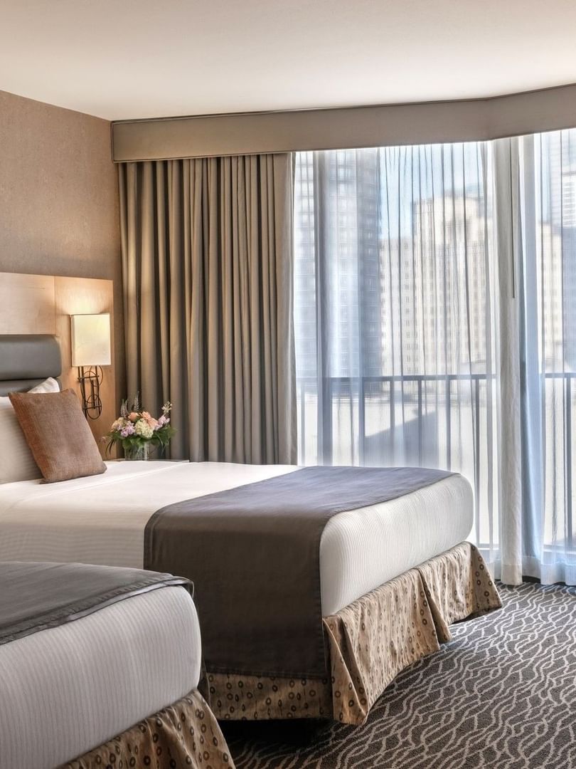 Two double beds by a black office chair under bright windows in Executive Rooms at Warwick Seattle