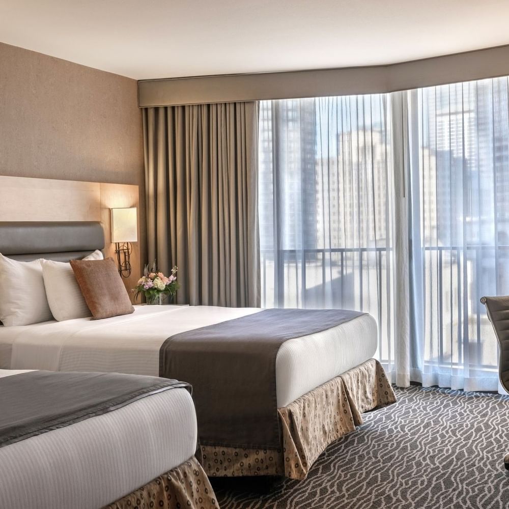 Two double beds by a black office chair under bright windows in Executive Rooms at Warwick Seattle